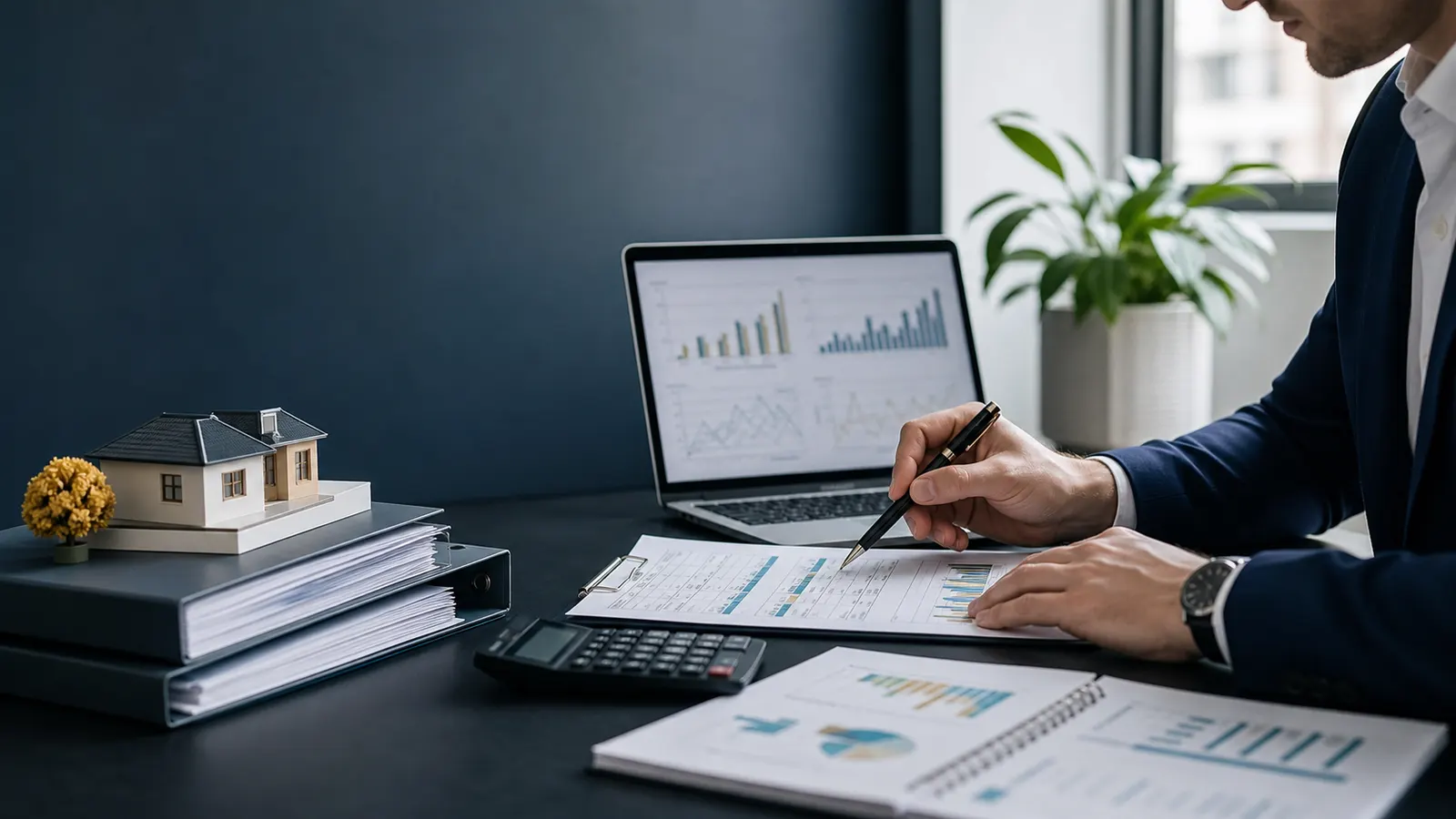 AI-generated editorial image of a broker analysing self-employed income documents, add-backs, and home loan calculations