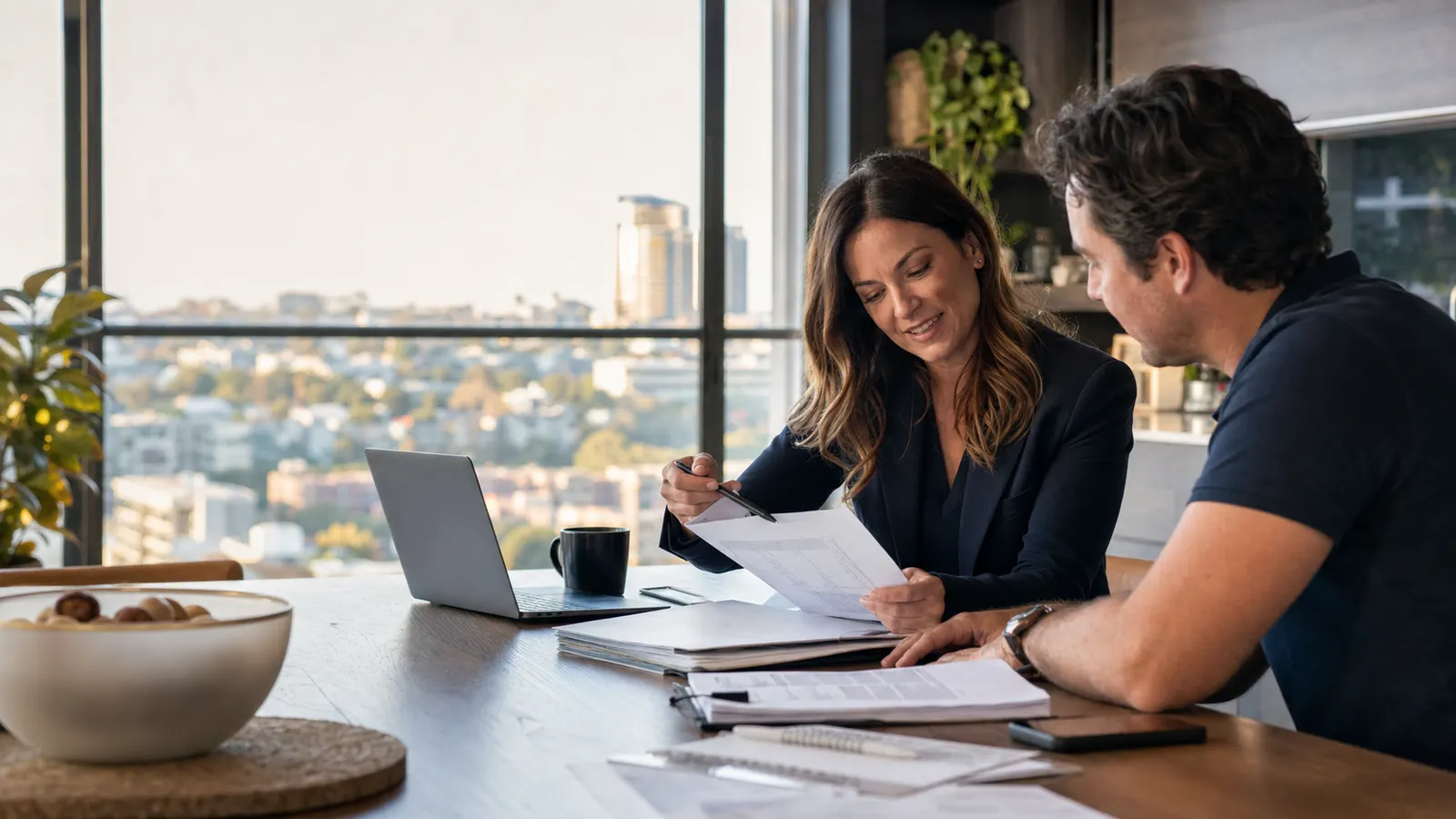 AI-generated editorial image of a Sydney borrower and broker reviewing alternative home loan income documents at a kitchen table
