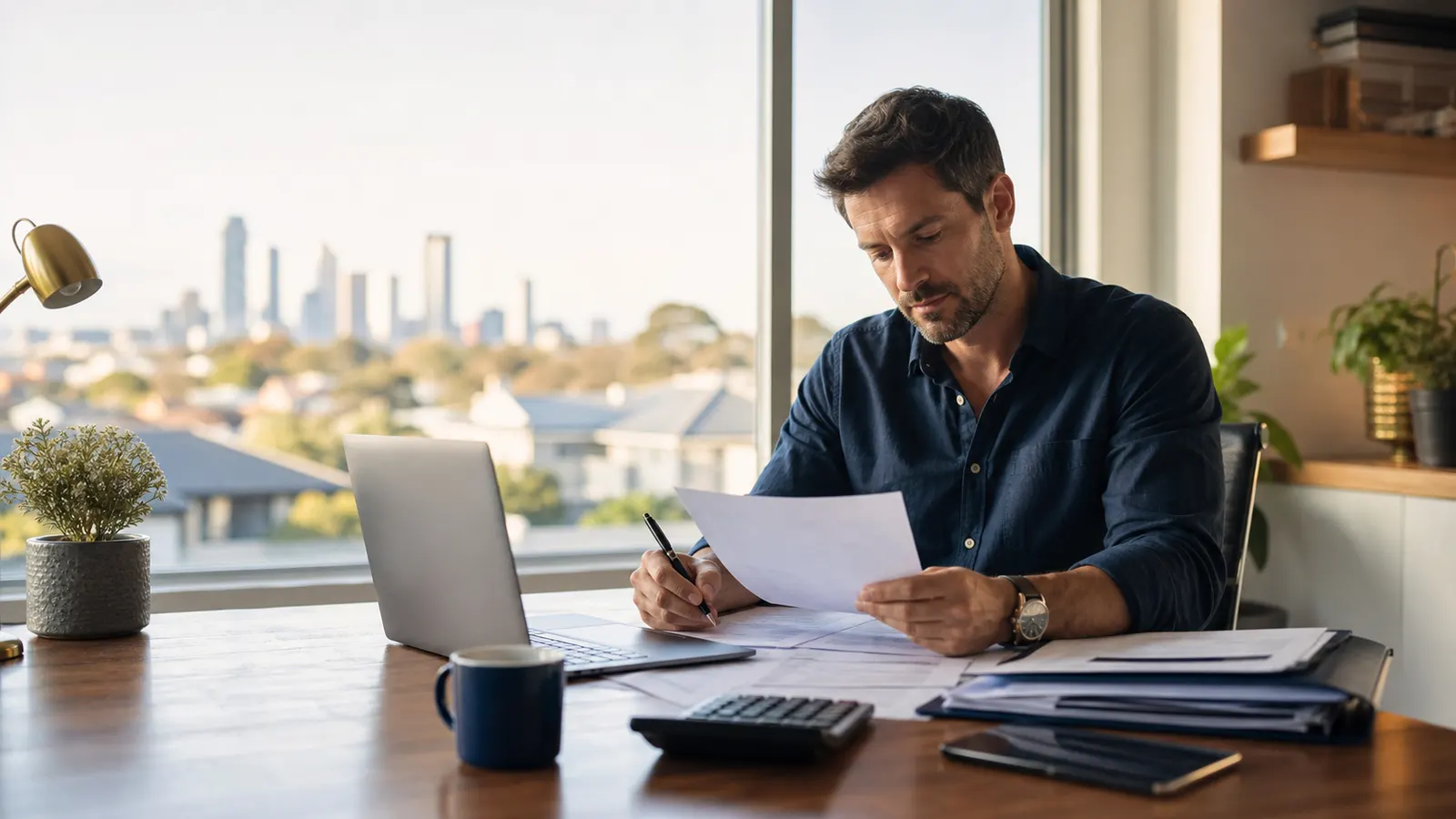 AI-generated editorial image of a self-employed Australian borrower reviewing home loan, tax, and business documents near a window